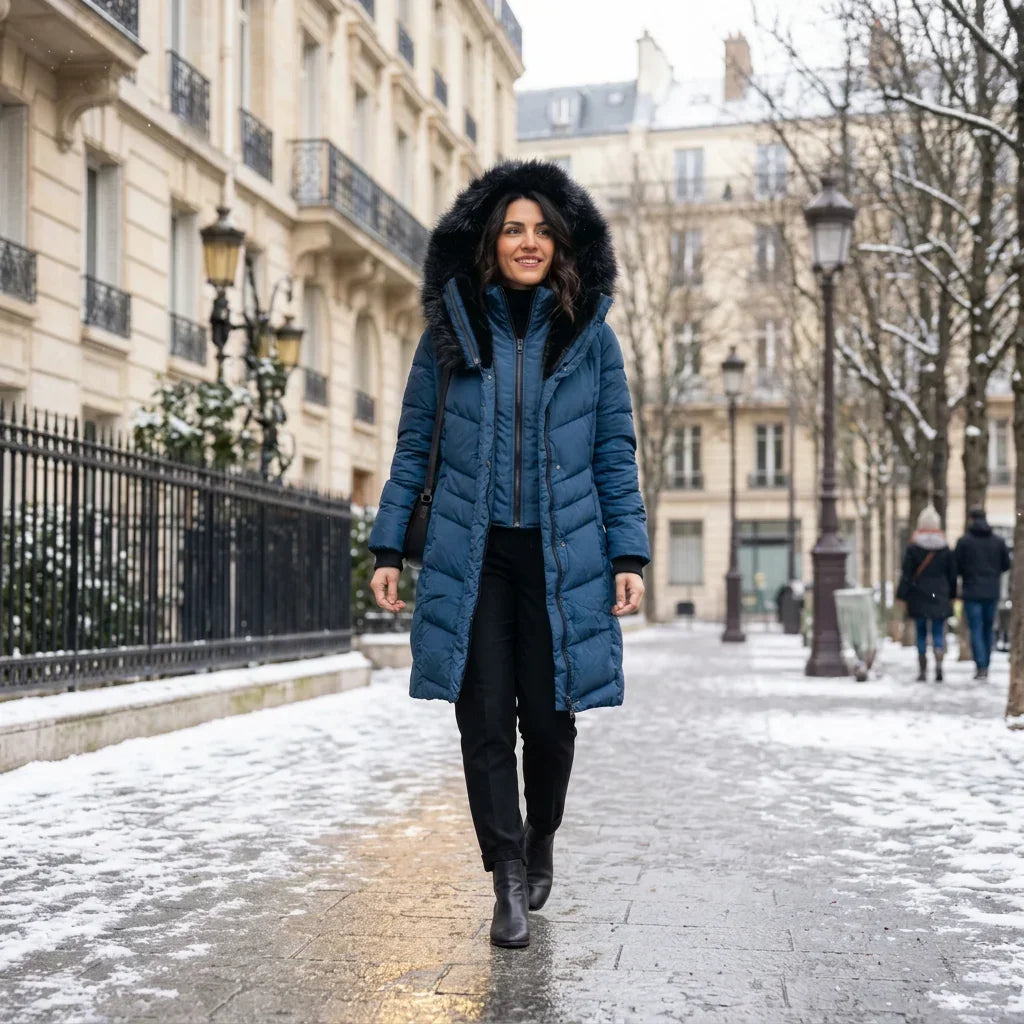 Femme portant un manteau chaud bleu marine avec capuche en fourrure C'est Elle dans une rue enneigée