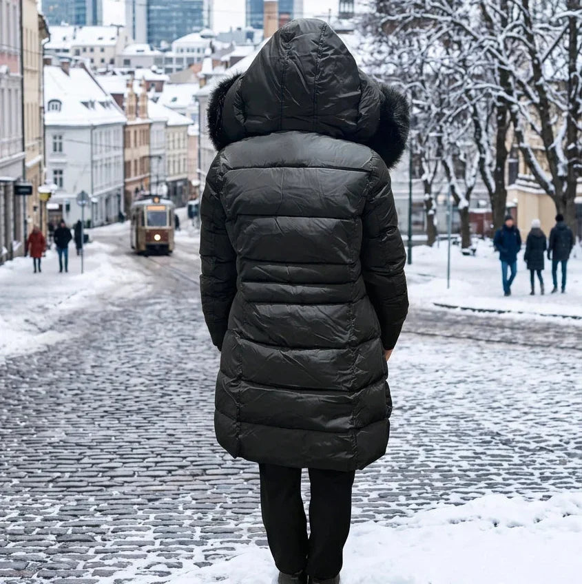 Femme de dos portant un manteau long matelassé noir avec capuche en fourrure dans une rue enneigée
