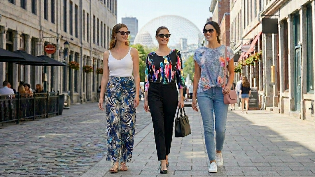 Trois femmes élégantes marchant dans une rue pavée, vêtues de tenues mode tendance et accessoires.