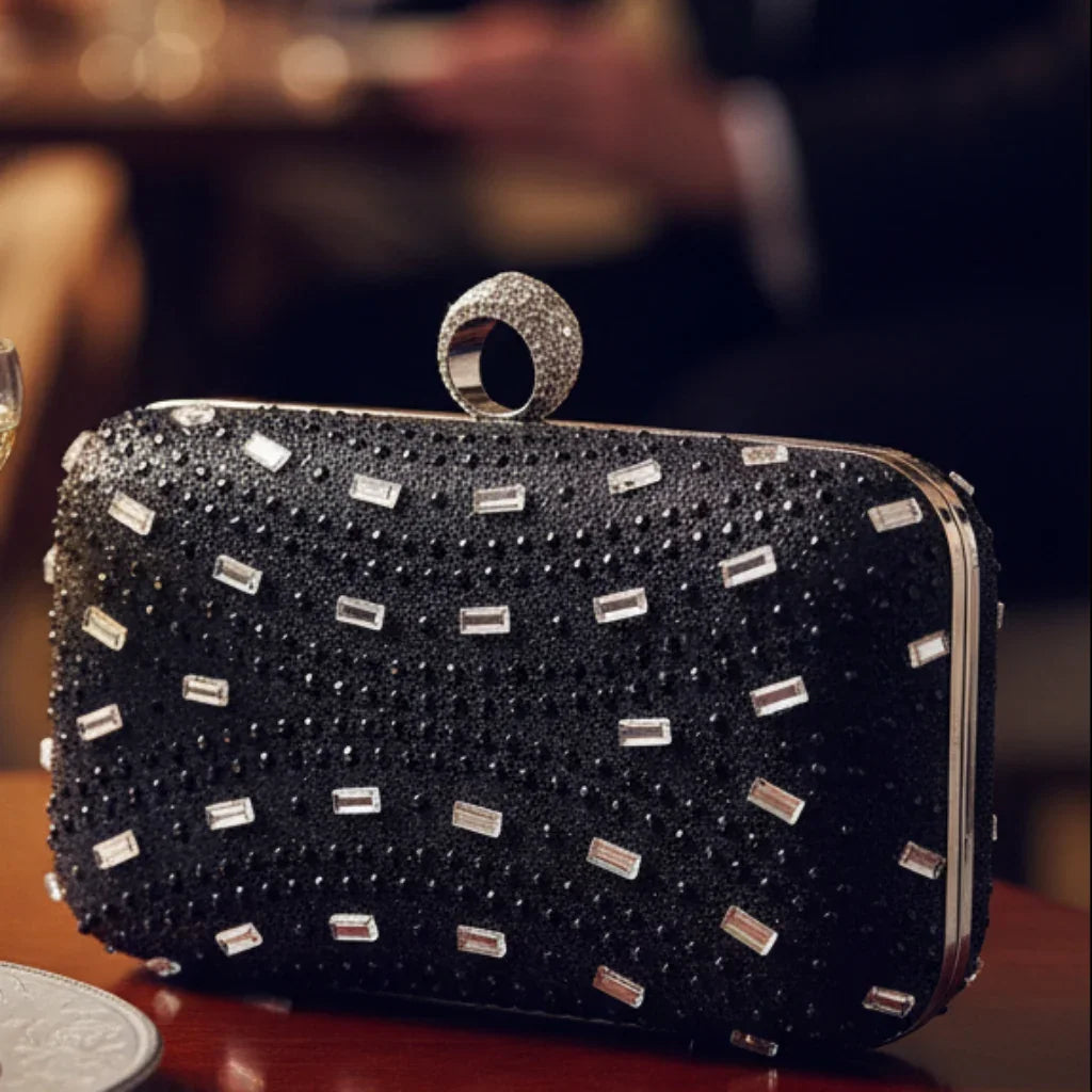 Sac à main soirée noir strass et cristal, poignée décorative, accessoire élégant pour femme