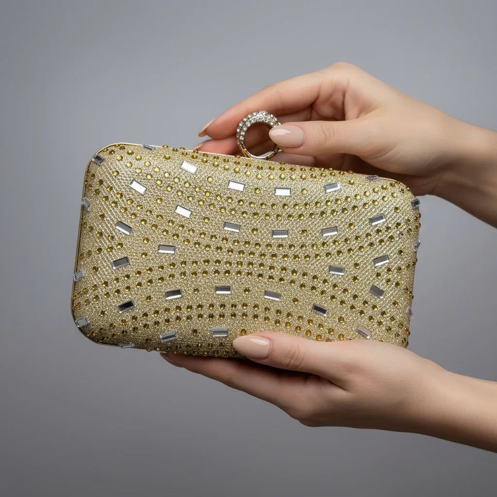 Sac à main doré scintillant avec strass et poignée décorative, idéal pour soirée ou événement élégant