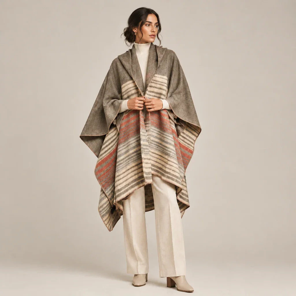 Femme portant un poncho à capuche rayé beige et terracotta de C'est Elle avec un pantalon blanc.