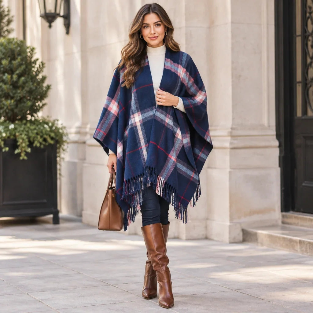 Femme portant un poncho à carreaux bleu et rouge de C'est Elle avec bottes brunes