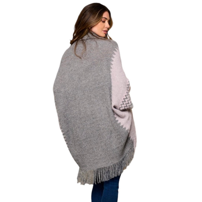 Poncho ouvert avec franges #couleur_rose_gris