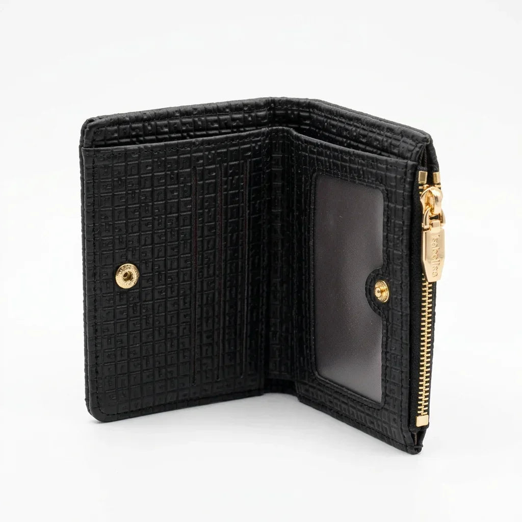Porte-monnaie petit en cuir noir texturé avec fermeture éclair dorée de C'est Elle