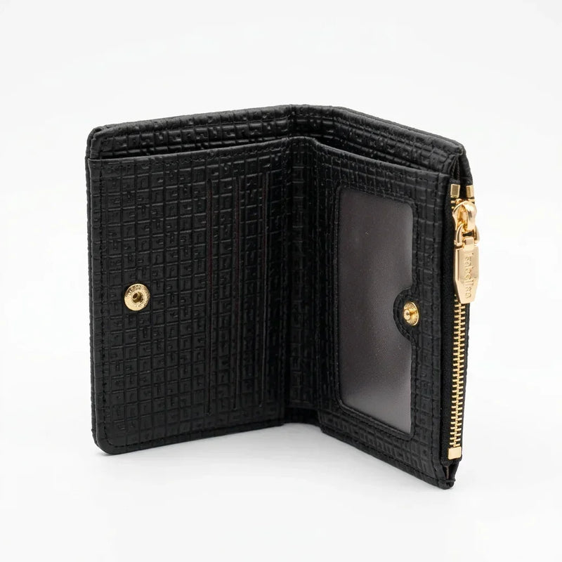 Porte-monnaie petit en cuir noir texturé avec fermeture éclair dorée de C'est Elle