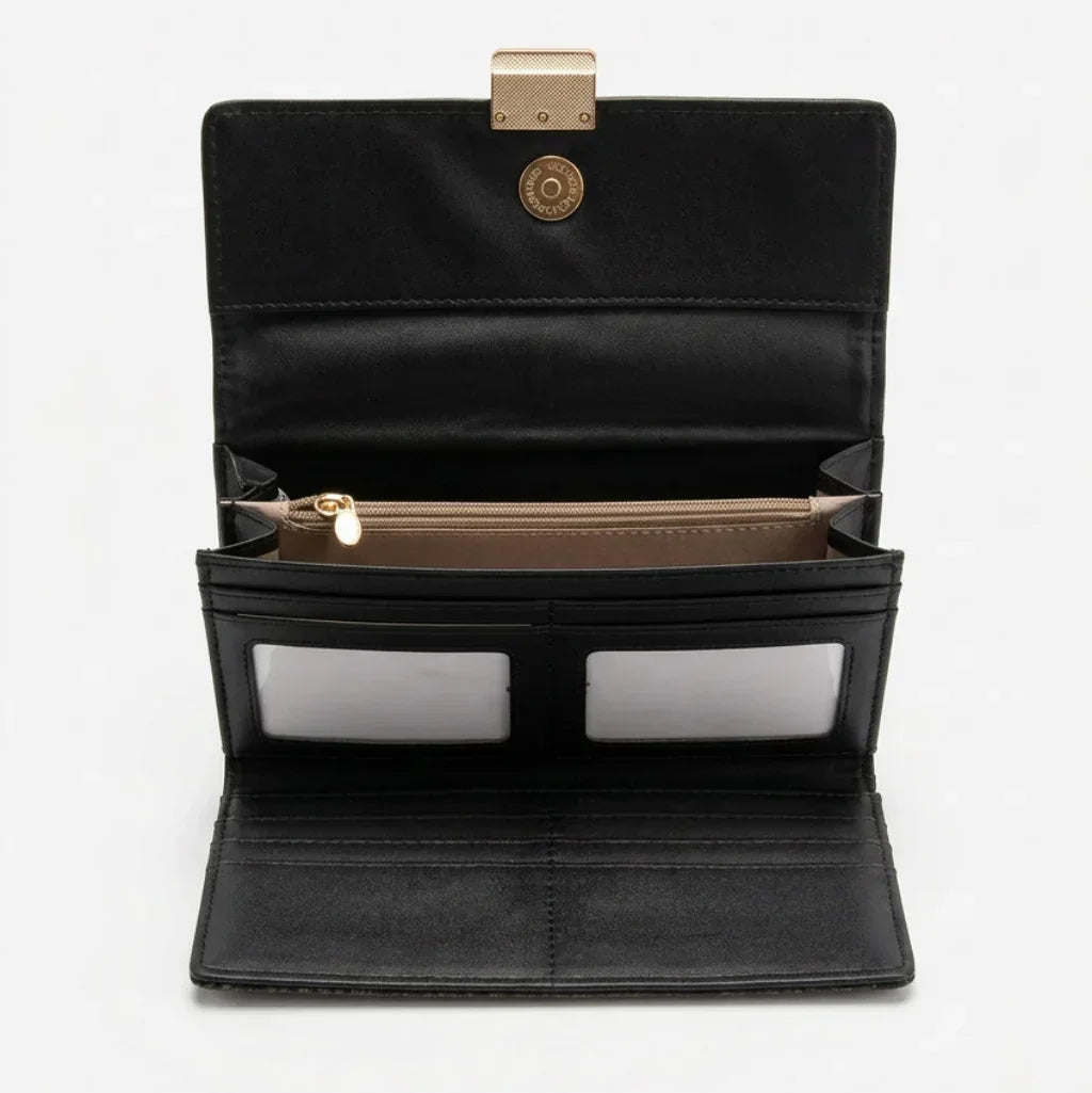 Portefeuille noir ouvert avec pochette zippée et emplacements pour cartes C'est Elle