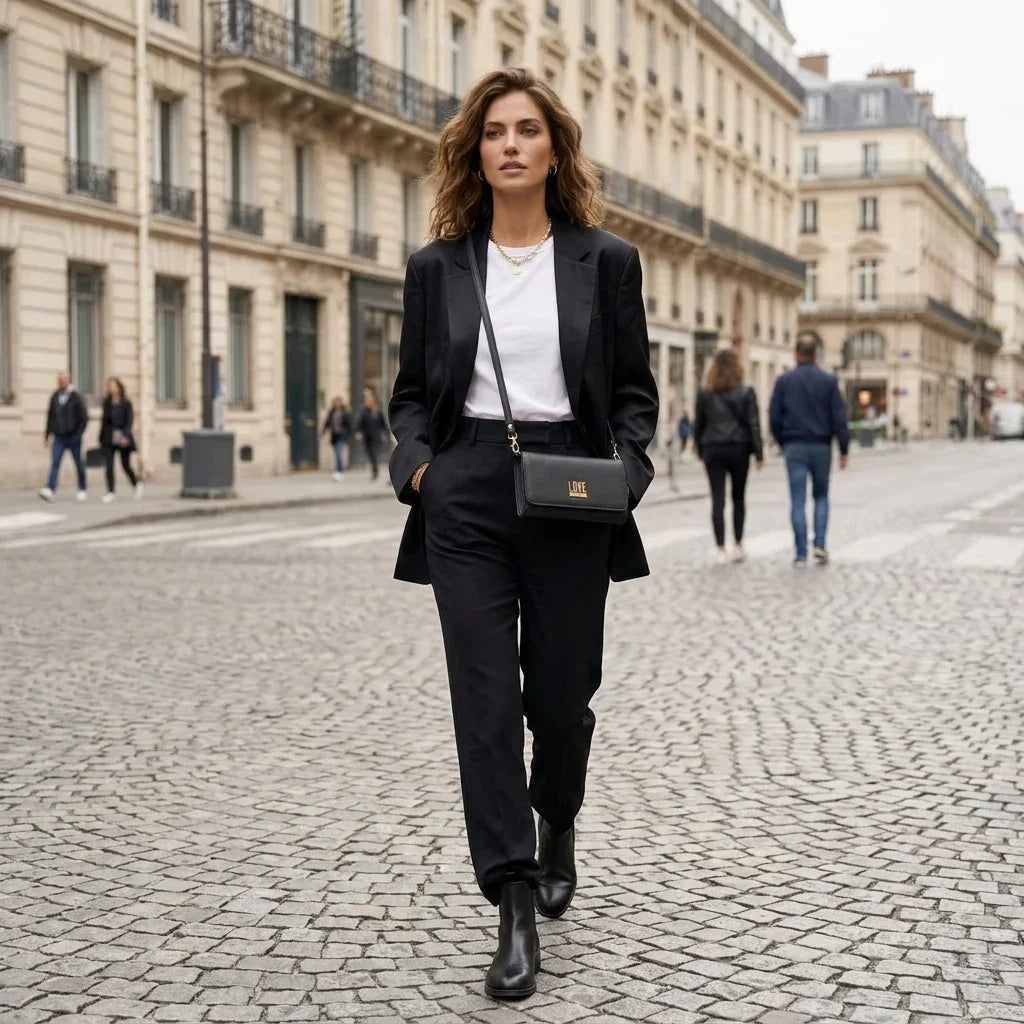 Femme portant un costume noir et le portefeuille love de C'est Elle dans une rue pavée.