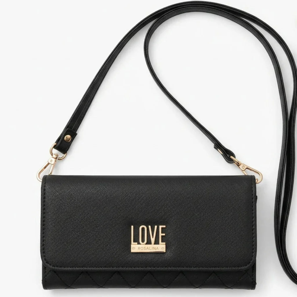 Portefeuille noir C'est Elle avec inscription LOVE dorée et bandoulière