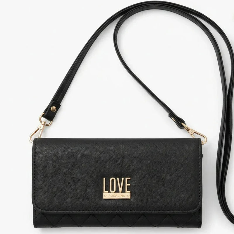 Portefeuille noir C'est Elle avec inscription LOVE dorée et bandoulière