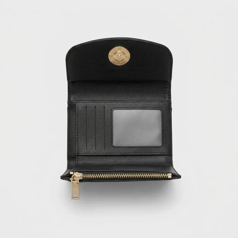 Portefeuille minimaliste noir C'est Elle ouvert avec compartiments et fermeture éclair dorée