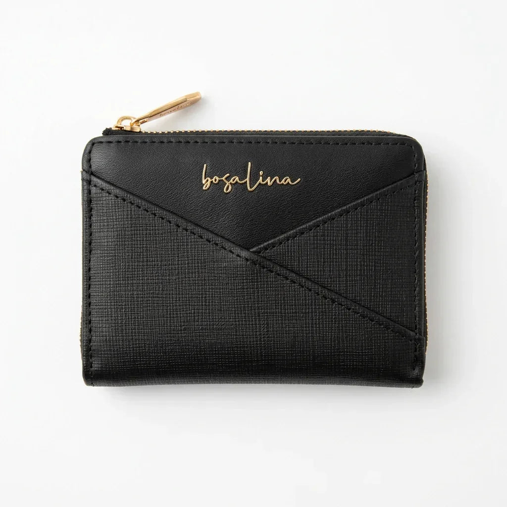 Portefeuille pliable noir en similicuir texturé C'est Elle avec fermeture éclair dorée