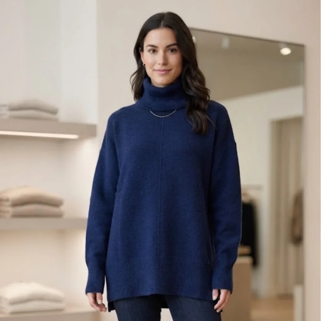 Femme portant un pull col roulé ample bleu marine de la marque C'est Elle.