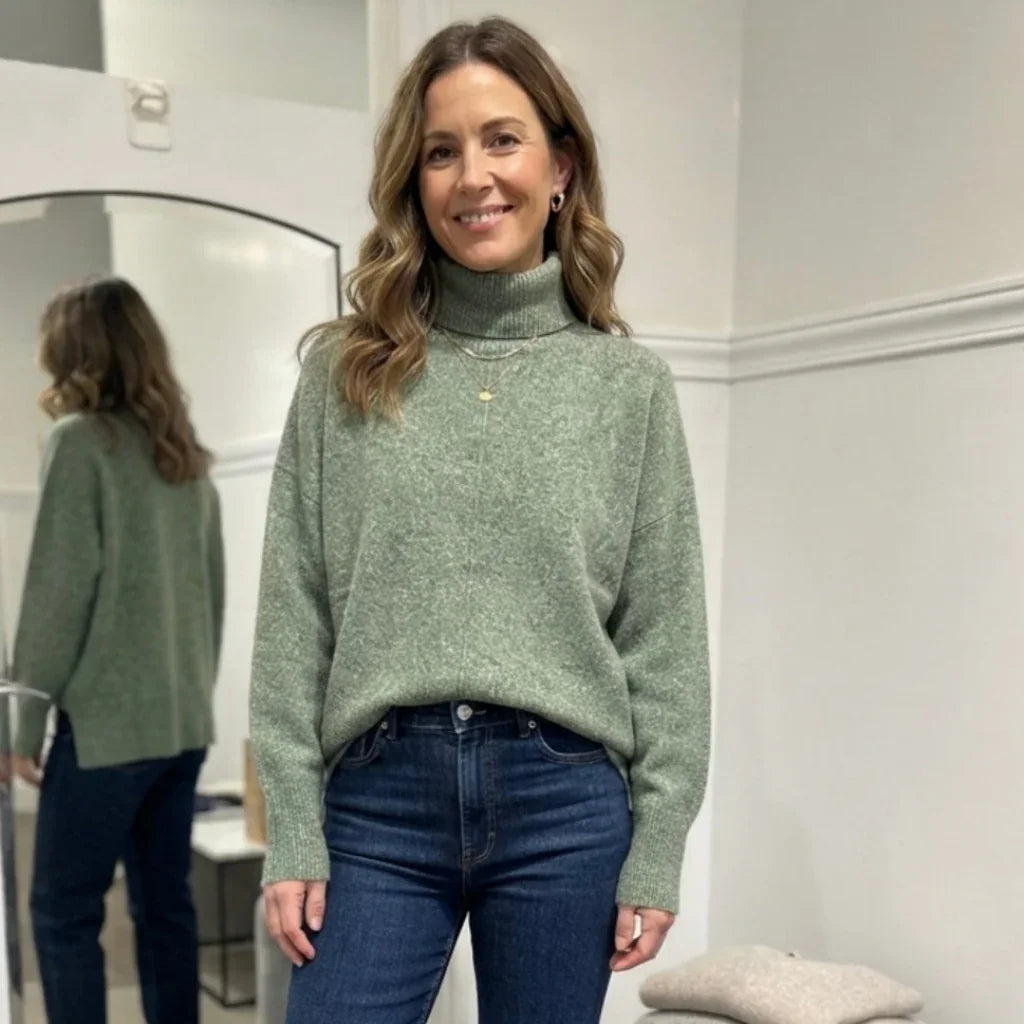 Femme portant un pull col roulé ample vert sauge de C'est Elle et un jean bleu.