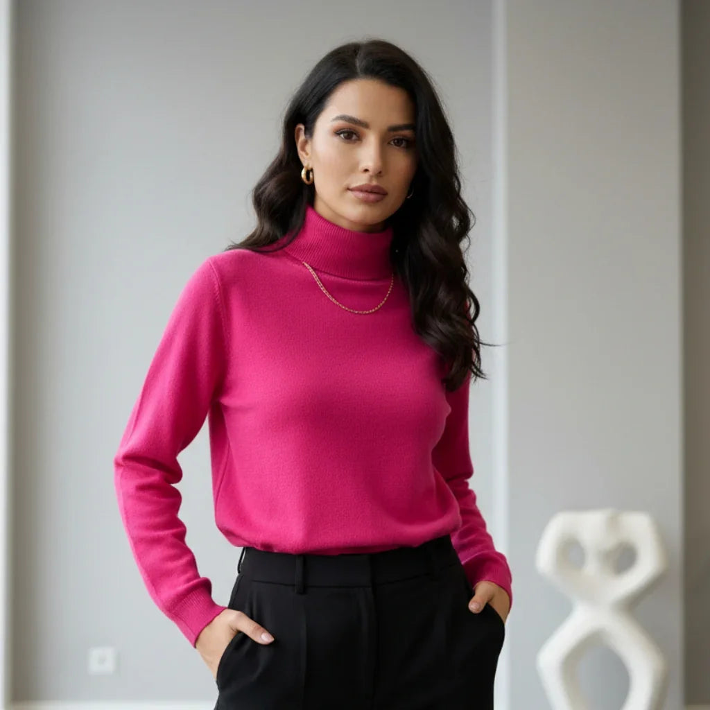 Femme portant un pull à col roulé fuchsia et un pantalon noir élégant.