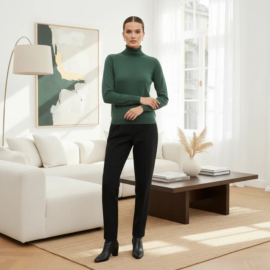 Femme portant un pull à col roulé vert foncé et un pantalon noir ajusté dans un salon moderne.