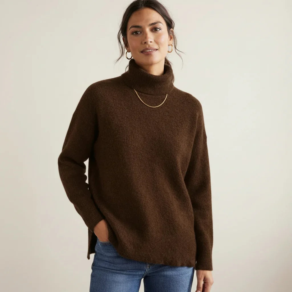 Femme portant un pull col roulé ample marron de la marque C'est Elle et un jean bleu.