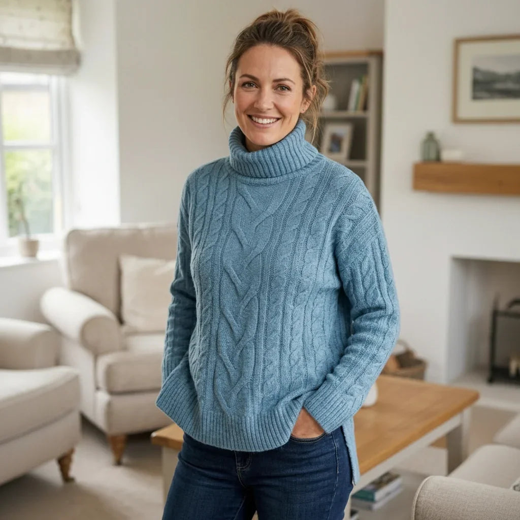 Femme souriante portant un pull à col roulé bleu en maille torsadée et un jean bleu.