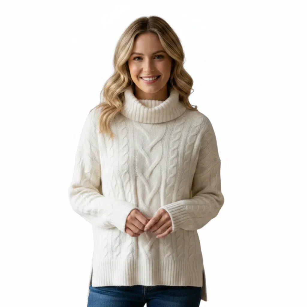 Femme portant un pull à col roulé blanc avec torsades en maille