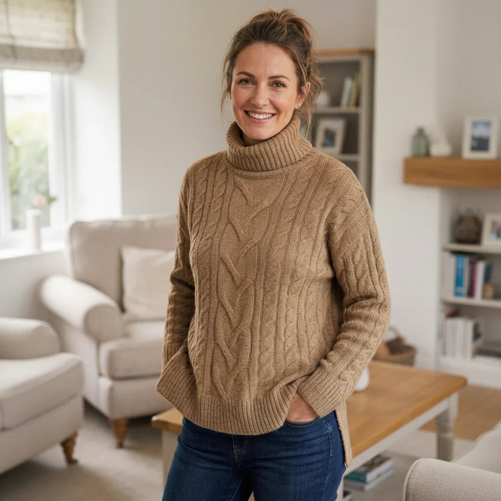Femme souriante portant un pull col roulé en maille torsadée beige et un jean bleu.