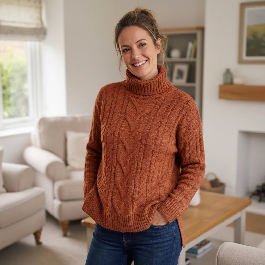 Femme souriante portant un pull à col roulé en maille torsadée couleur rouille et un jean bleu.