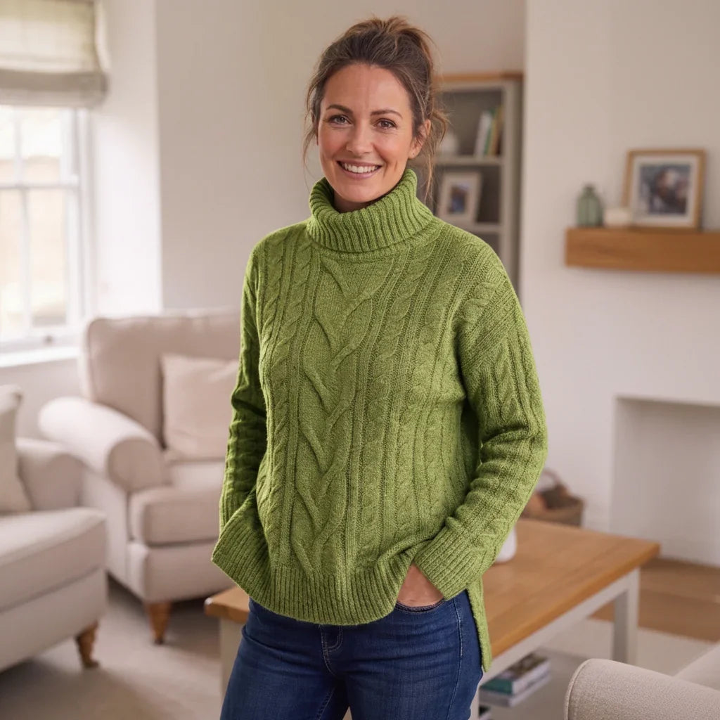 Femme souriante portant un pull à col montant en maille torsadée vert pomme et un jean bleu.