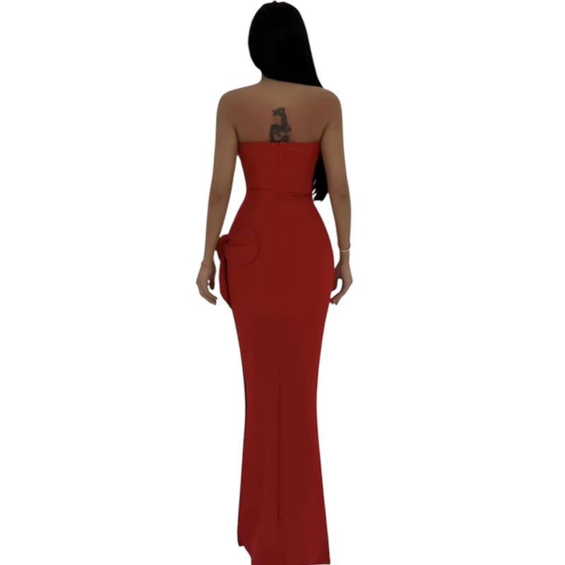 Robe Bustier Longue Rouge avec Fleur  #couleur_rouge