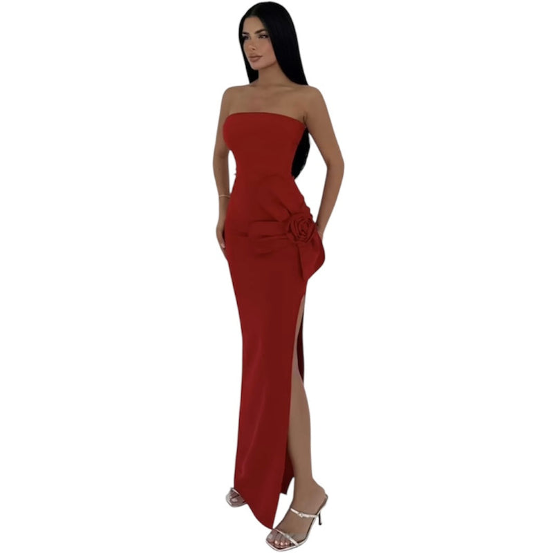 Robe Bustier Longue Rouge avec Fleur – EYYO Atelier #couleur_rouge