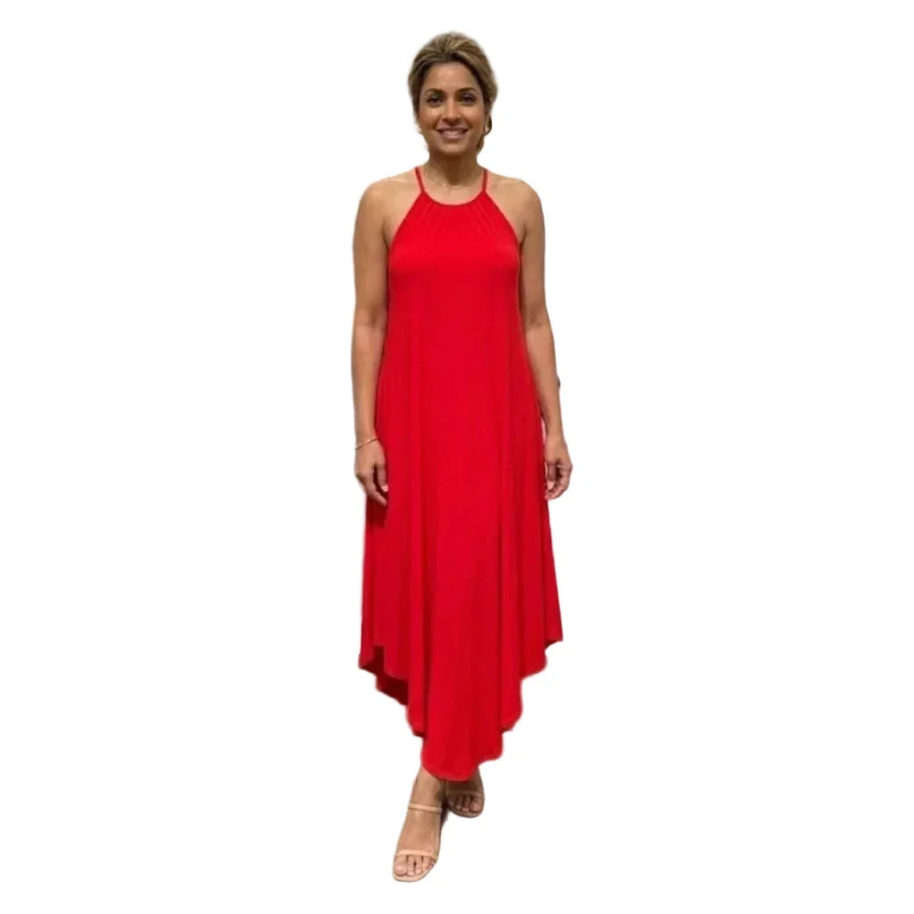 Robe rouge longue asymétrique femme, tendance été, idéale pour les occasions spéciales ou la plage.
