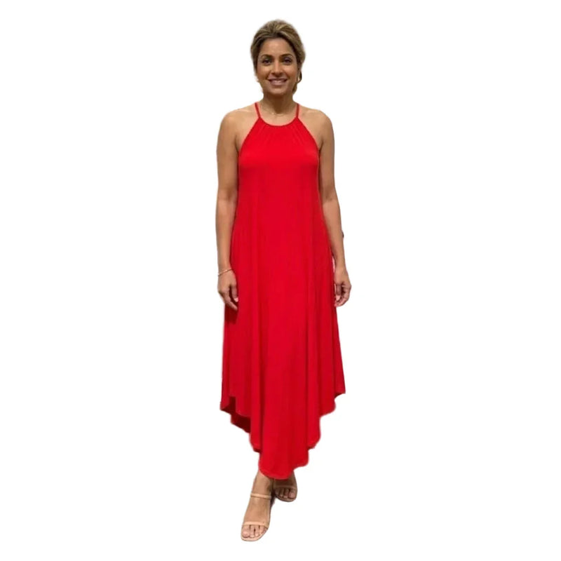 Robe rouge longue asymétrique femme, tendance été, idéale pour les occasions spéciales ou la plage.