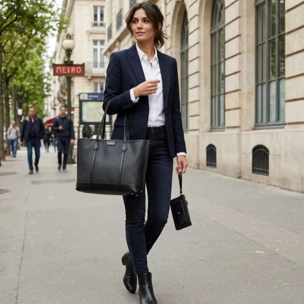 Femme élégante portant un sac cabas noir C'est Elle et un blazer bleu marine en ville.