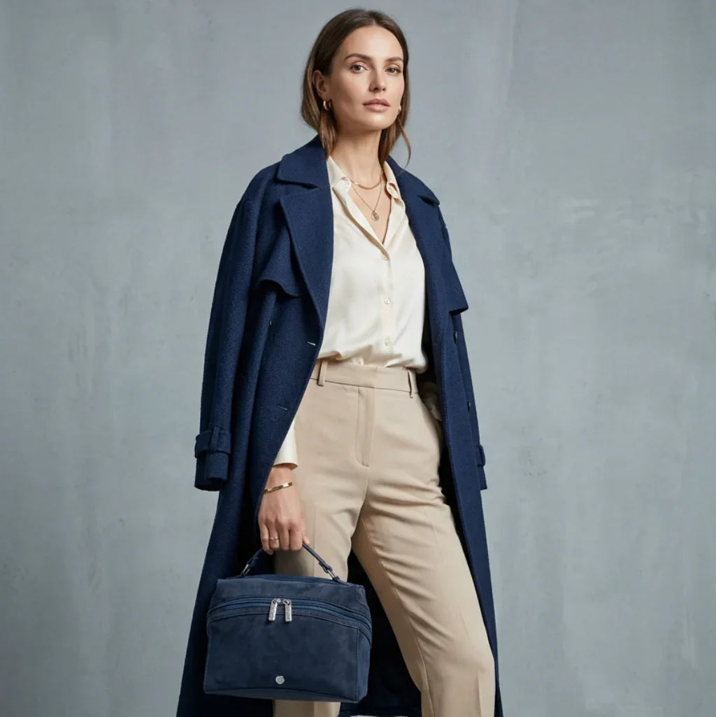 Femme portant un manteau bleu marine et un sac en daim bleu C'est Elle