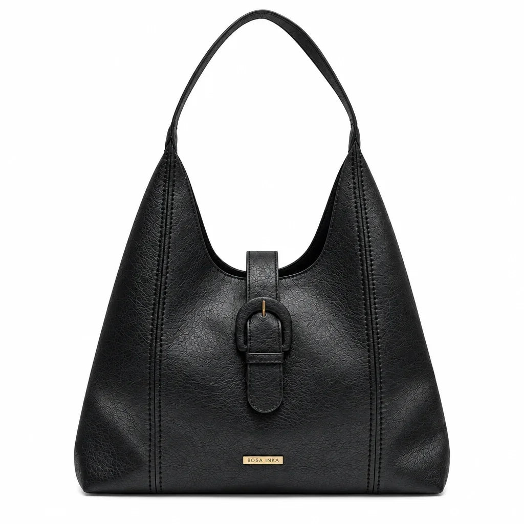 Sac à épaule noir en cuir synthétique avec boucle décorative de la marque C'est Elle