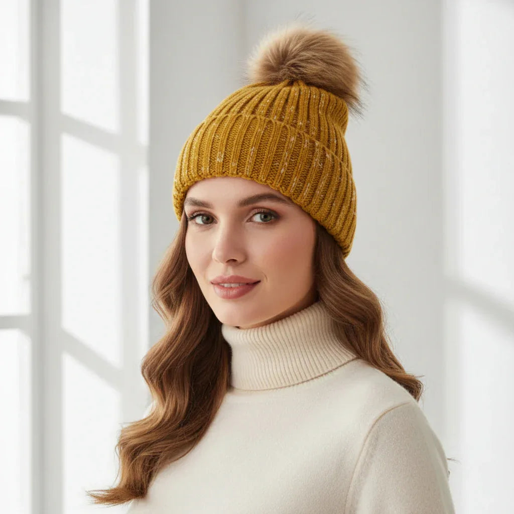 Tuque pompon fausse fourrure #couleur_moutarde
