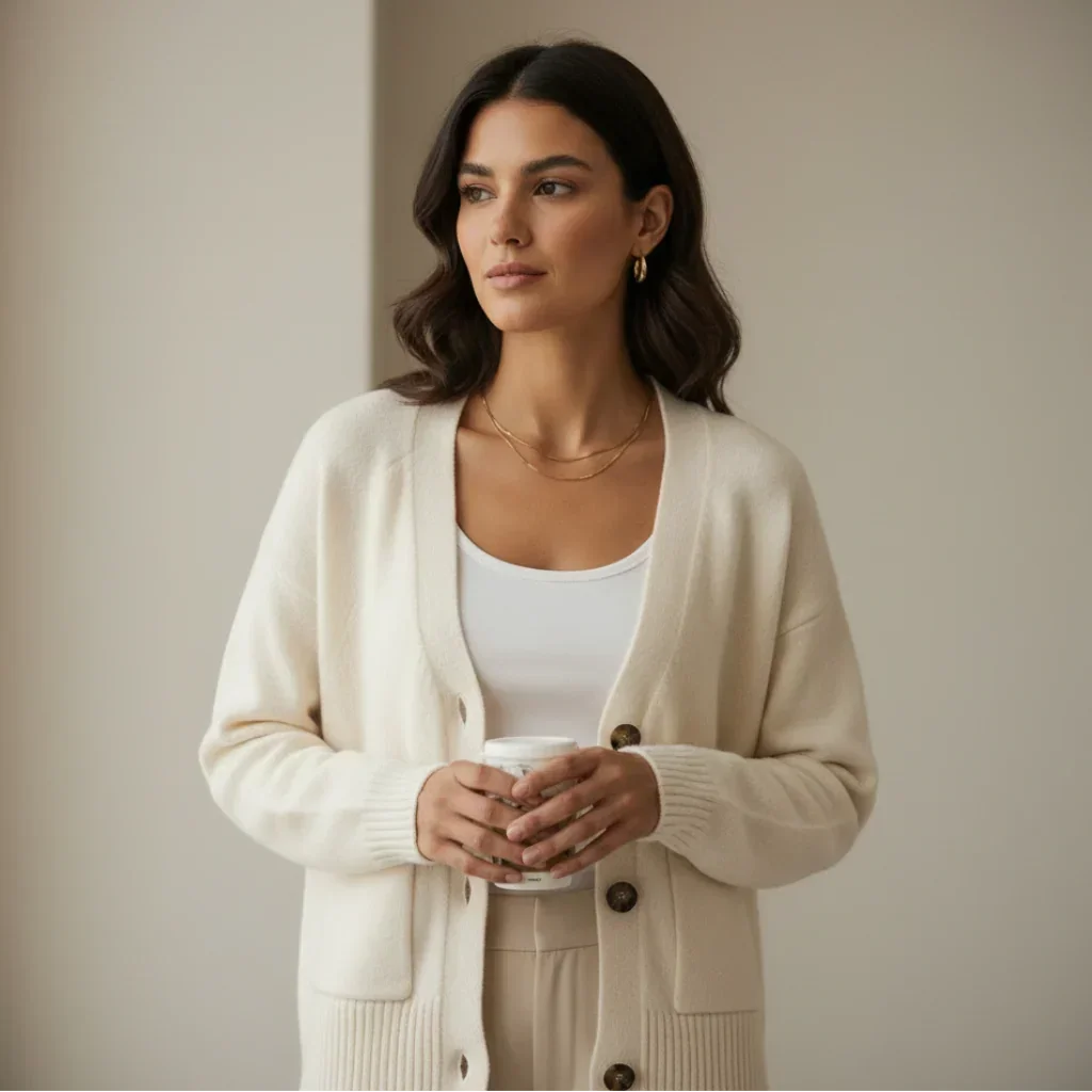 Femme portant un gilet blanc C'est Elle avec poches et boutons marron, tenant une tasse.