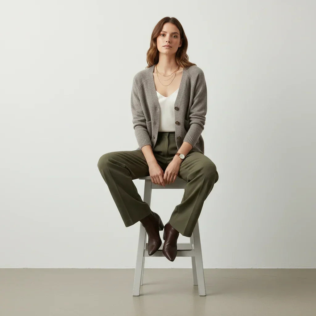 Femme portant un cardigan gris, un haut blanc et un pantalon vert olive C'est Elle.