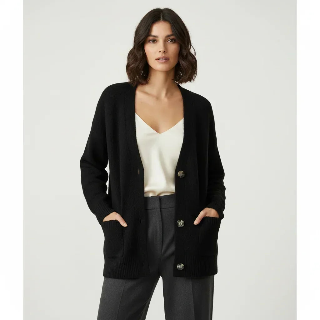Femme portant un cardigan noir à boutons avec poches et un haut blanc de C'est Elle