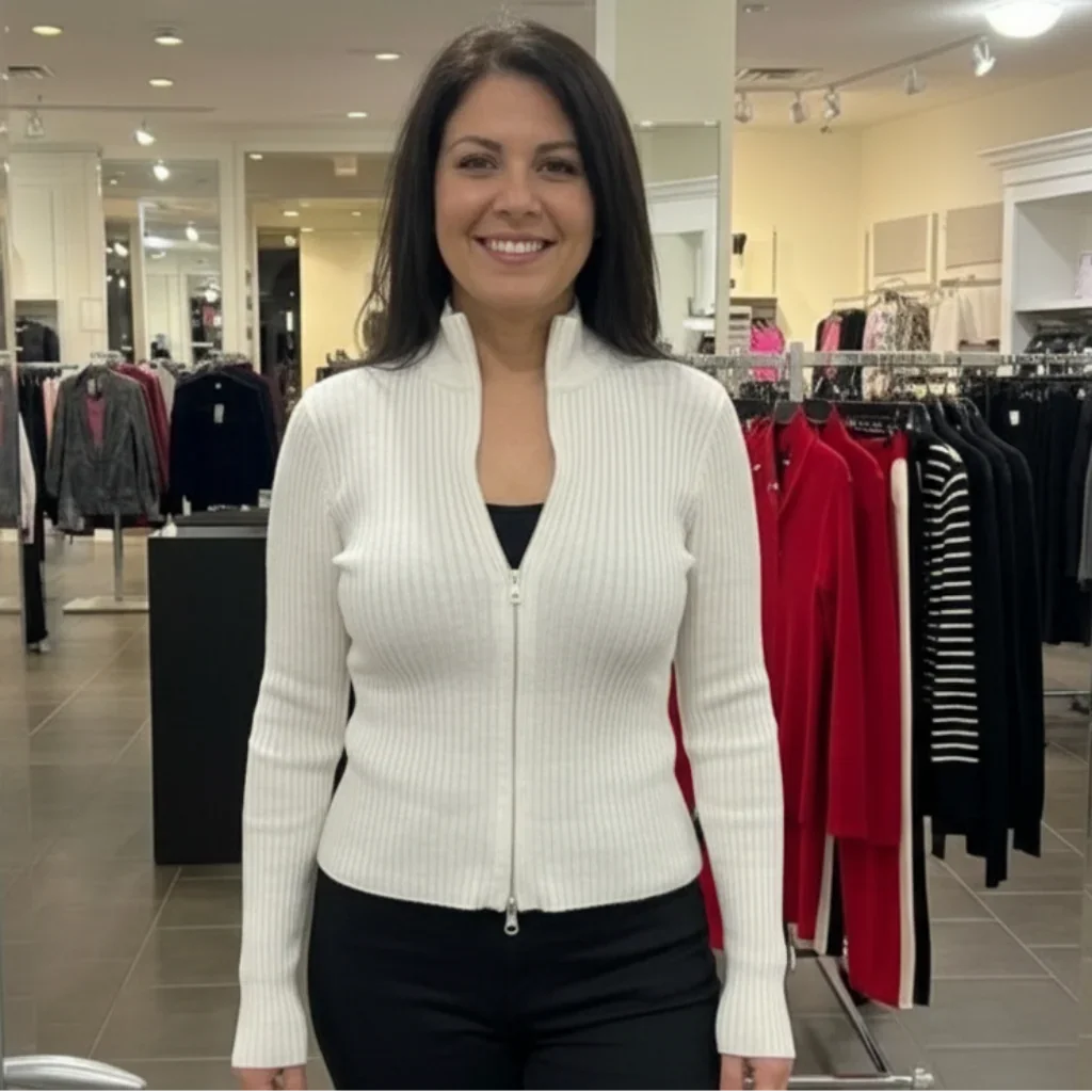 Femme portant un cardigan blanc côtelé avec fermeture éclair dans une boutique de mode.