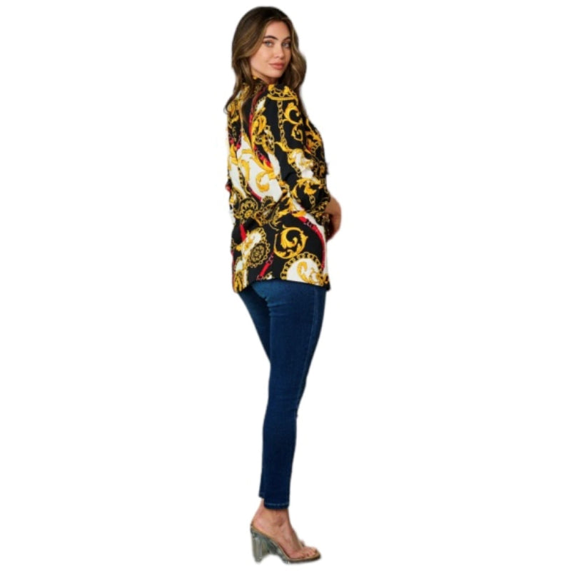 Belle et polyvalente, cette veste blazer multi imprimé pour femme ajoute une touche de glamour à n'importe quelle tenue. Avec sa couleur noir, or et multi, elle offre une variété d'options pour un look unique. Fabriquée avec des matériaux de qualité, elle est idéale pour les occasions spéciales ou pour une touche d'élégance au quotidien.