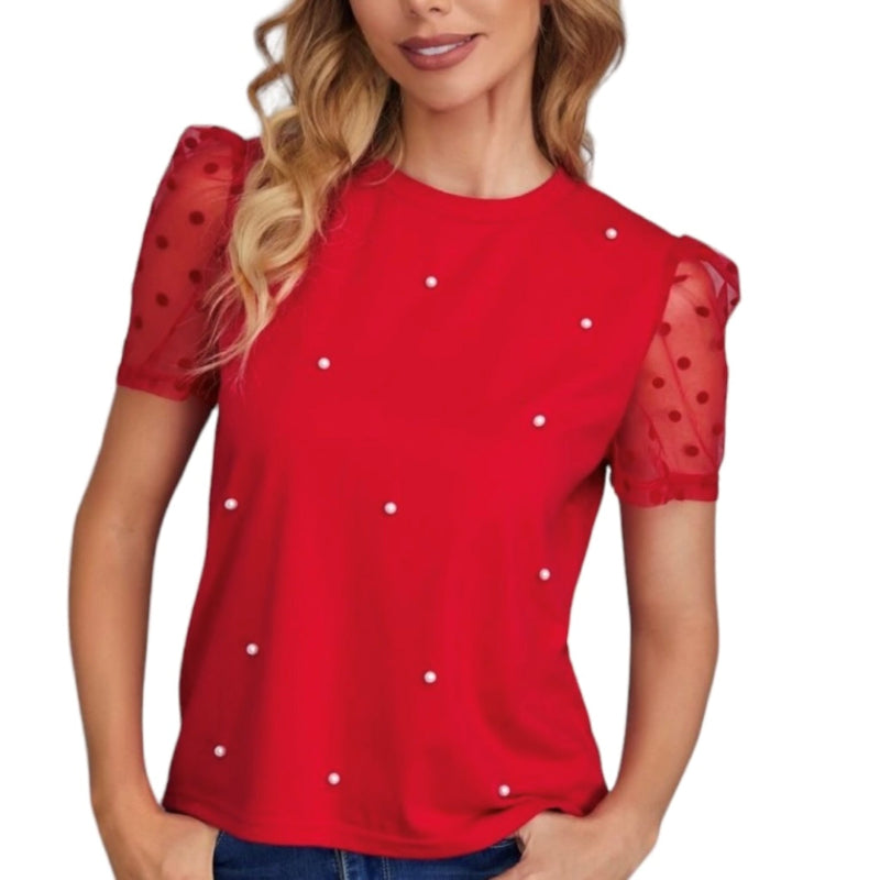 Transformez votre look avec C'est Elle ! Blouse avec perle! Fabriqué avec des matériaux de qualité supérieure: coton, polyester et elastanne, ce haut rouge éclatant orné de perles blanches est le choix parfait pour les aventuriers audacieux qui ne reculent devant rien!