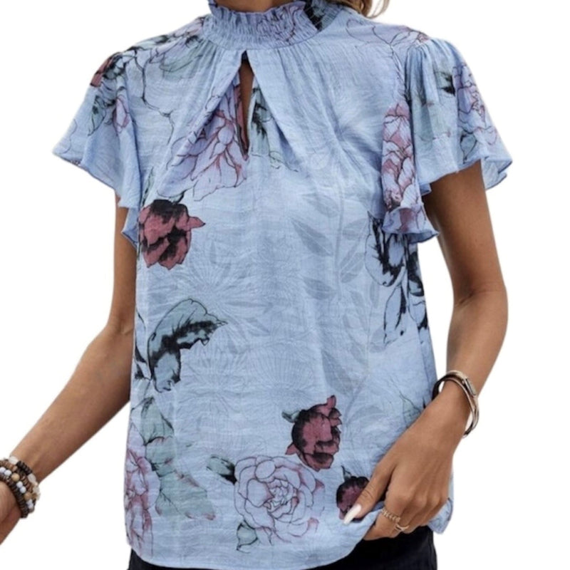 Blouse col smocké manche courte pour femme #couleur_bleu