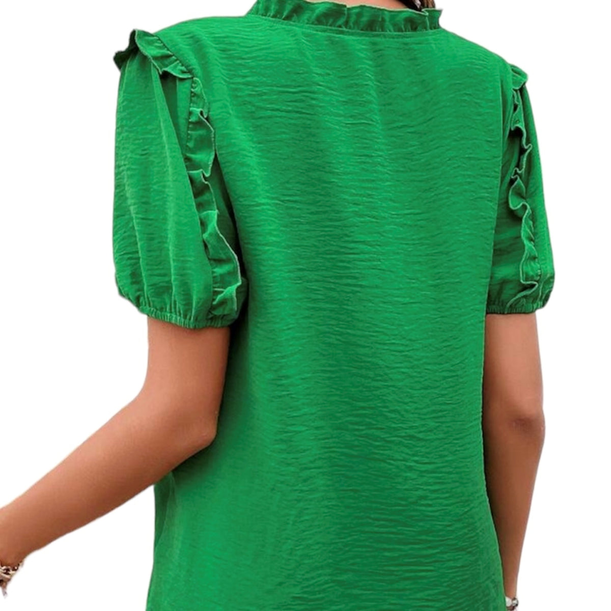 Sa silhouette à manches courtes ballon et son col V. de couleur vert vif vous offrent une allure unique, audacieuse et confiante. Créez votre look et montrez-le au monde!