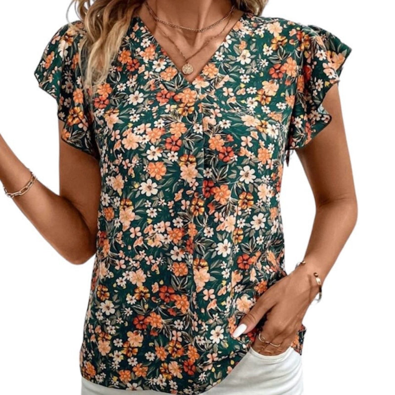 Blouse verte fleurie manche festonné pour femme