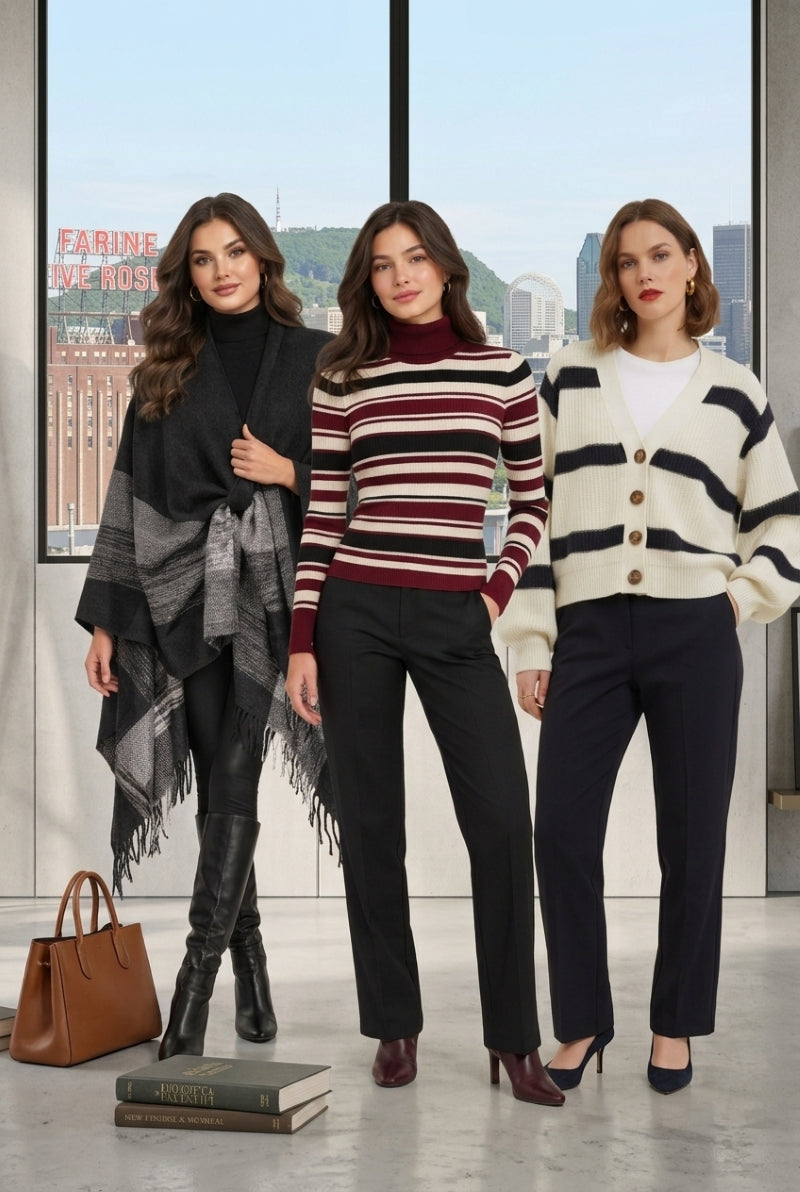 Trois femmes portant des tenues d'automne : poncho gris, pull rayé et cardigan crème.