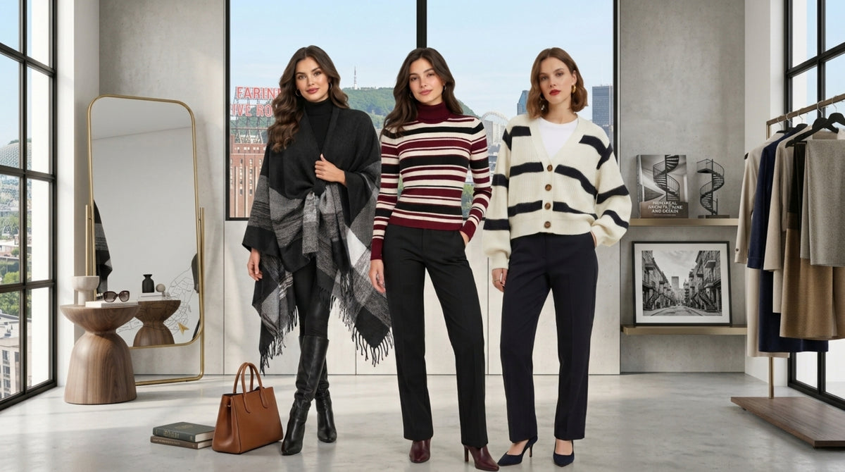 Trois femmes portant des pulls et cardigans d'automne tendance dans un showroom moderne.