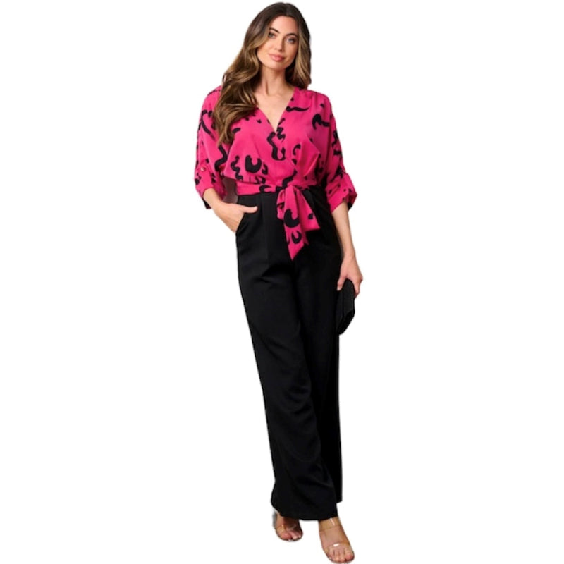 Combinaison col V #couleur_fuschia-et-noir