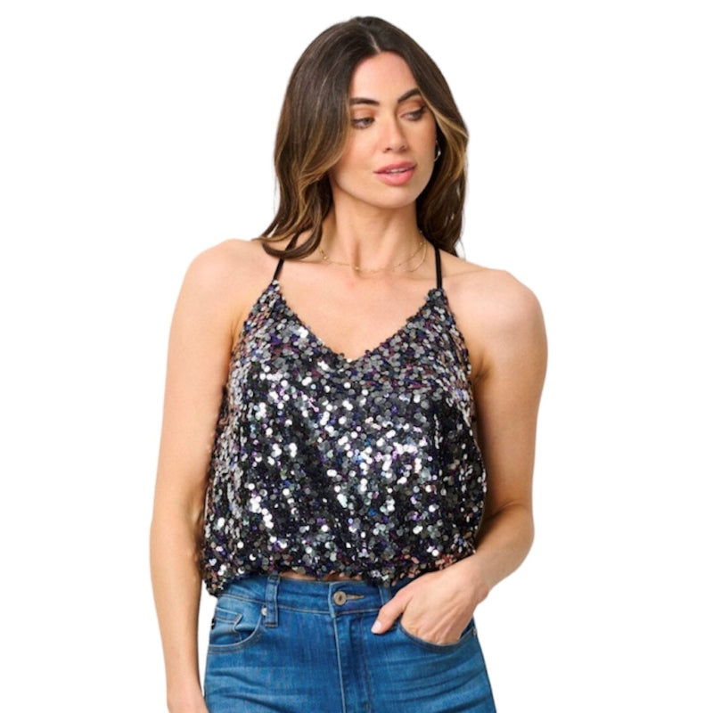 Débardeur col V à bretelle fine sequins #couleur_noir