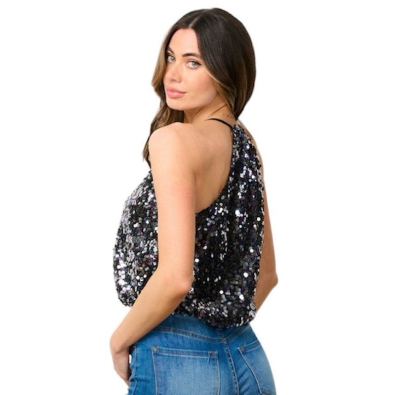 Débardeur col V à bretelle fine sequins #couleur_noir