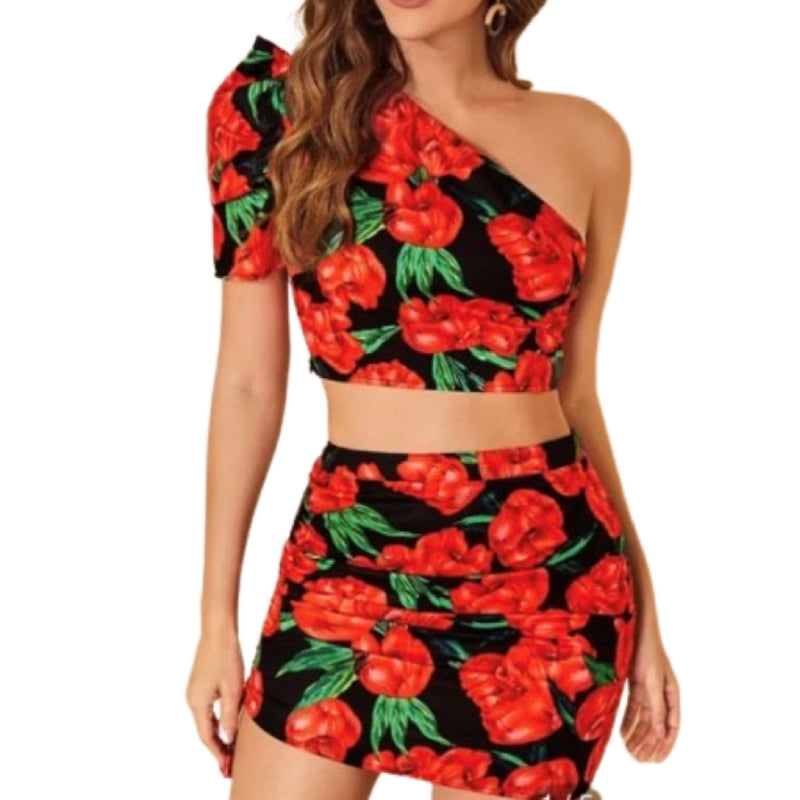 Ensemble fleurs rouge haut et jupe