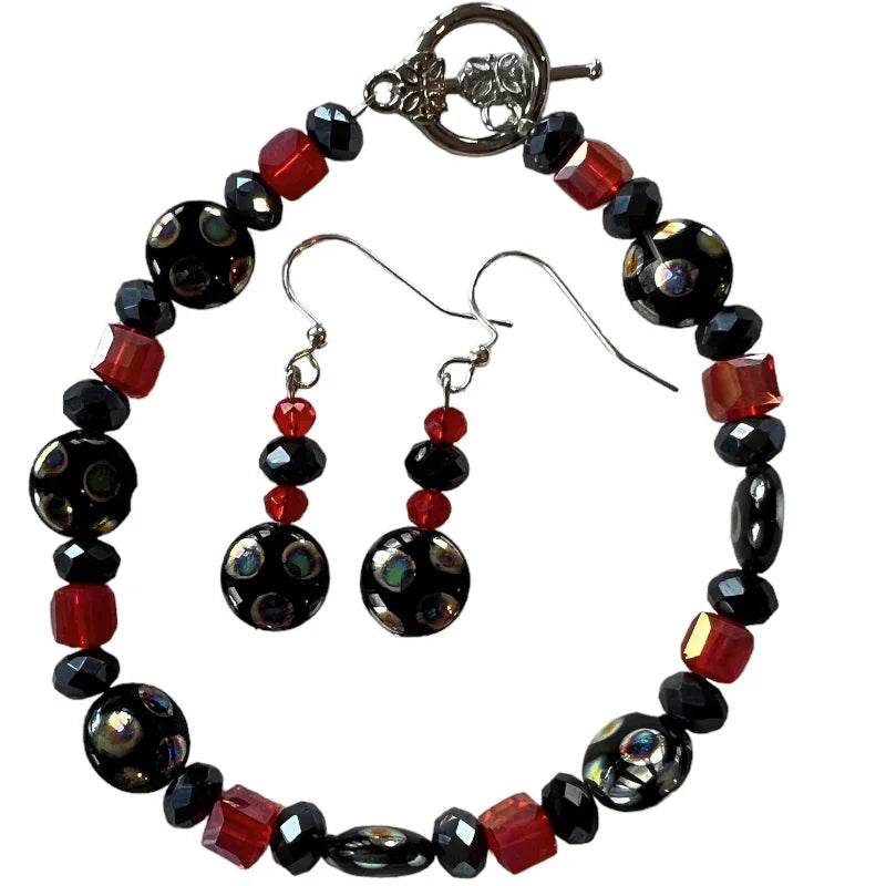 Bracelet et boucle d'oreille noir et rouge - C'est Elle